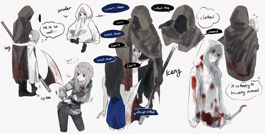 1boy, 2girls, axe, black_hair, black_pantyhose, black_sailor_collar, black_shirt, black_skin, blue_dress, brown_cloak, cloak, closed_mouth, colored_skin, dress, drying, drying_clothes, english_text, hand_up, heroine_(homicipher), highres, holding, holding_axe, holding_weapon, homicipher, hood, hood_up, hooded_cloak, long_hair, long_sleeves, mr._hood, ms._blue-clad, multiple_girls, multiple_views, pantyhose, red_eyes, sailor_collar, seraharuko, shirt, sidelocks, simple_background, sleeveless, sleeveless_dress, speech_bubble, weapon, white_background, white_hair, white_raincoat