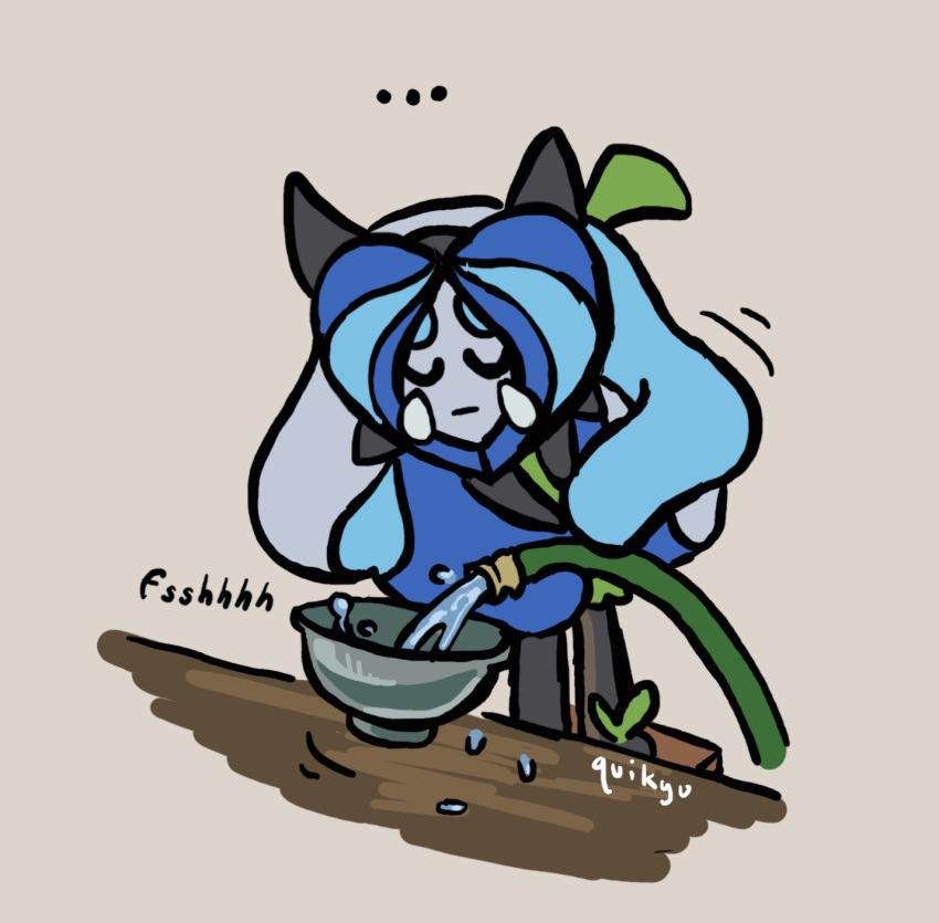..., artist_name, bowl, commentary, english_commentary, highres, holding, holding_hose