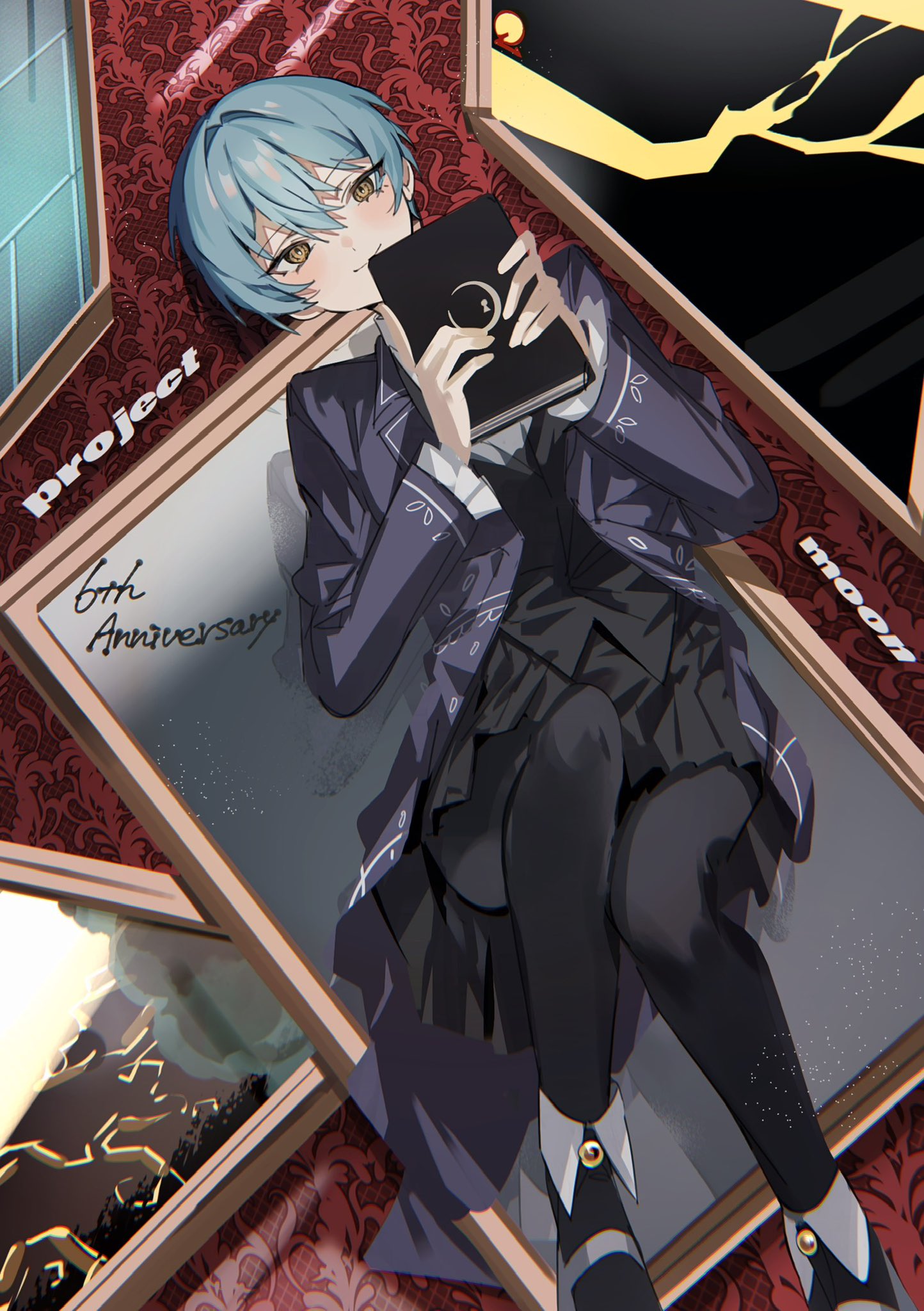 1girl, angela_(project_moon), black_footwear, black_pantyhose, black_skirt, blue_coat, blue_hair, book