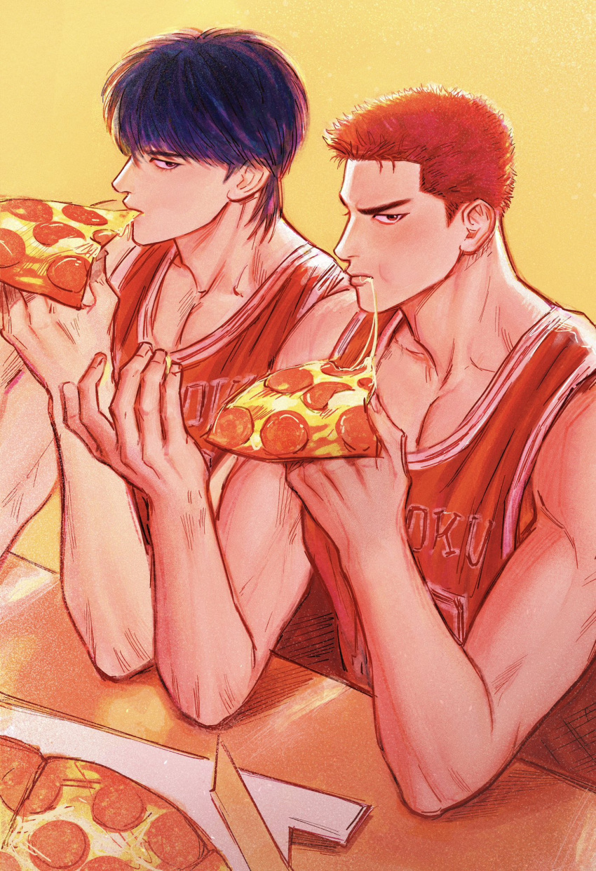 2boys, basketball_jersey, basketball_uniform, black_hair, collarbone, eating, food, highres