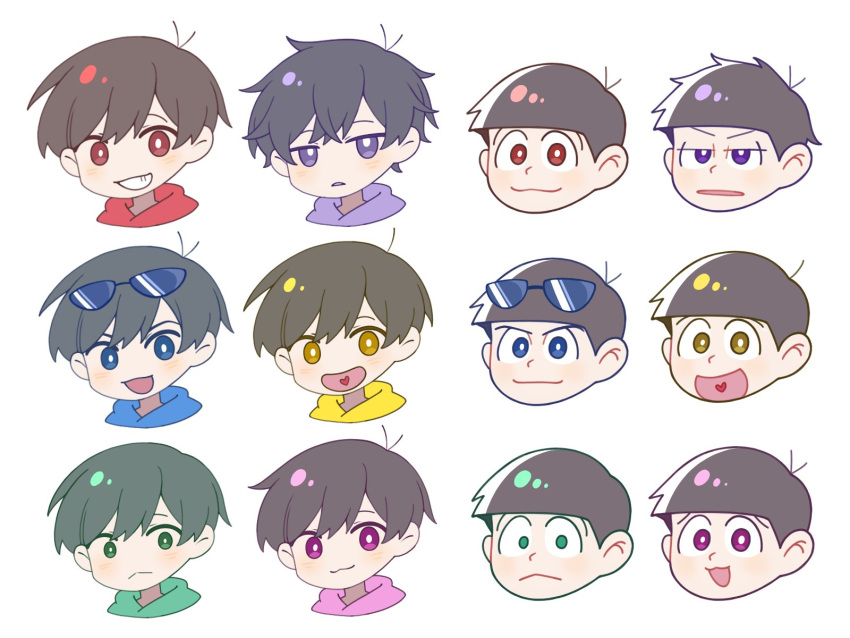 6+boys, :3, :d, black_hair, blue_eyes, brothers, eyewear_on_head, finame0