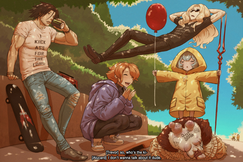 alternate_costume, alucard_(castlevania), arms_behind_head, artist_name, balloon, beard_stubble, black_footwear, black_hair