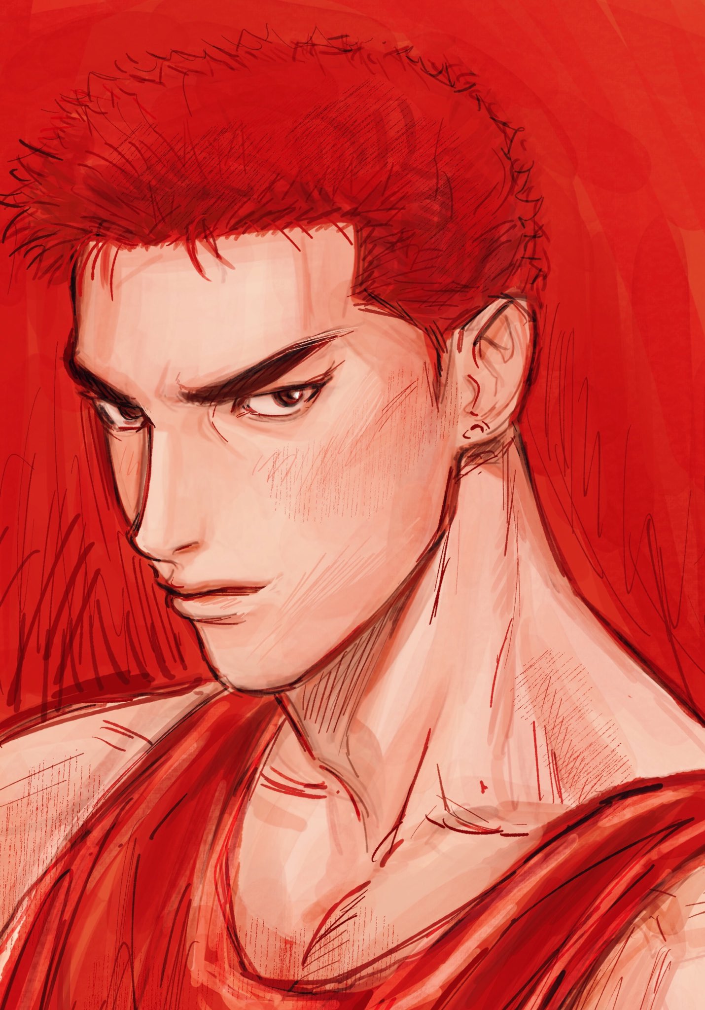 1boy, brown_eyes, closed_mouth, highres, looking_at_viewer, male_focus, pyogopyogoyum, red_background