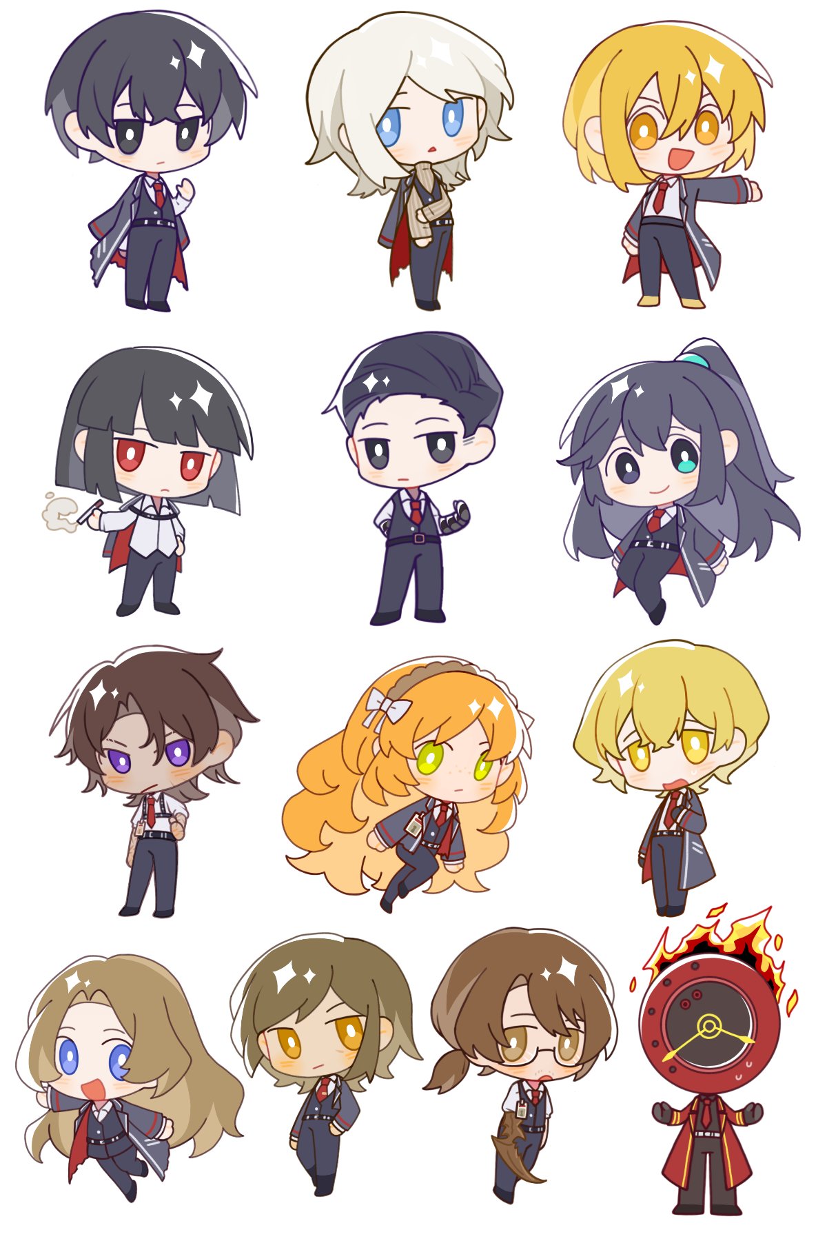 1other, 6+boys, 6+girls, aqua_eyes, black_eyes, black_gloves, black_hair, black_pants