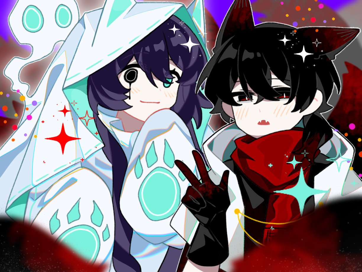 2boys, animal_ears, aqua_eyes, black_eyes, black_gloves, black_hair, blush, cat_ears
