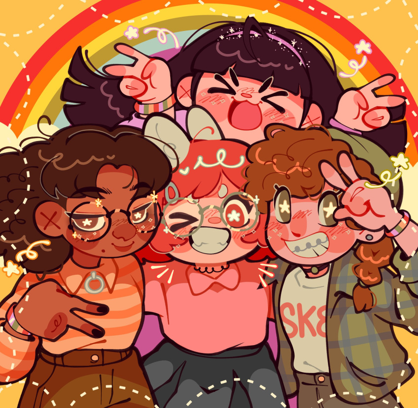 4girls, abby_(turning_red), beanie, black_hair, braces, brown_hair, dark-skinned_female, dark_skin