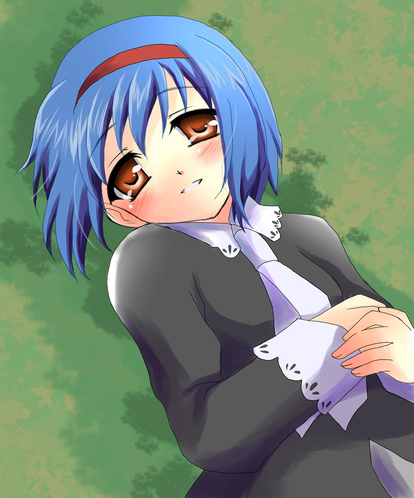 blue_hair, brown_eyes, hairband, little_busters!!, lying, nishizono_mio, rein_rise, short_hair