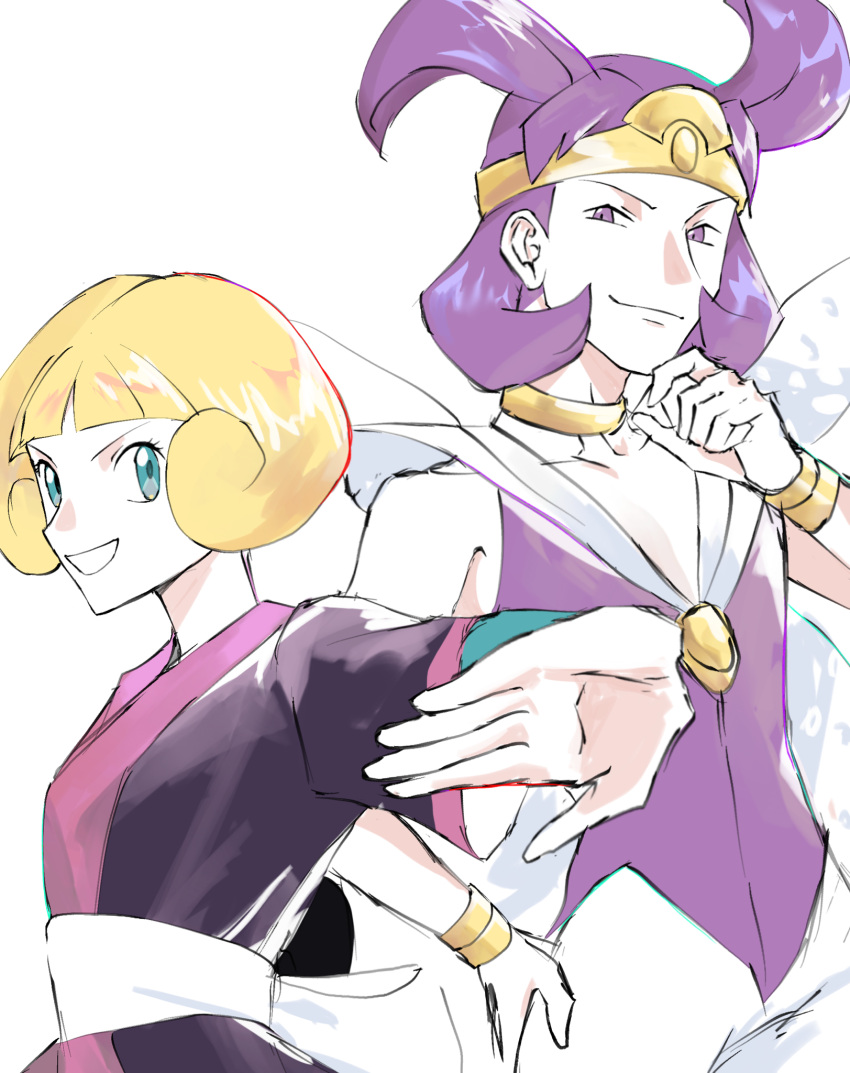 1boy, 1girl, blonde_hair, blue_eyes, collarbone, dougi, greta_(pokemon), hand_on_own_chin
