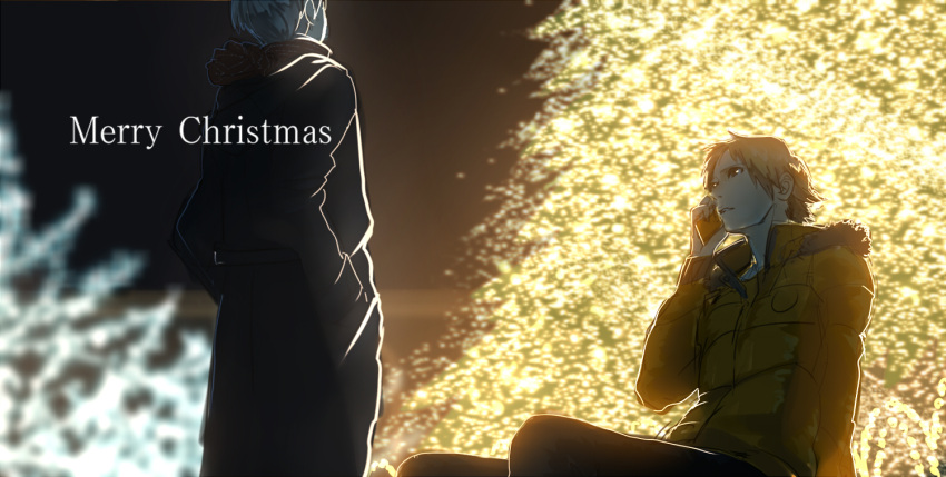 christmas_lights, christmas_tree, from_behind, hanamura_yousuke, koredemoka, male, narukami_yuu, persona