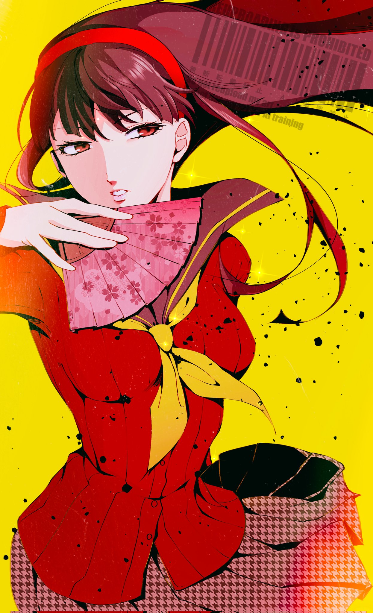 1girl, amagi_yukiko, black_hair, corrupted_twitter_file, floating_hair, hairband, hand_fan, highres, holding, holding_fan, inuha_dayo52, long_hair, long_sleeves, looking_to_the_side, neckerchief, parted_lips, persona, persona_4, pleated_skirt, red_eyes, red_hairband, red_shirt, school_uniform, shirt, skirt, solo, yasogami_school_uniform, yellow_background, yellow_neckerchief