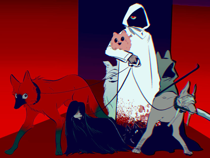 1girl, animal, animalization, bandages, bandages_over_eyes, blood, blood_on_clothes, chinese_commentary