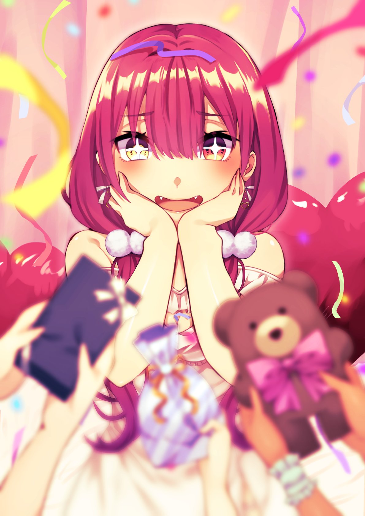 1girl, bow, bow_earrings, dress, earrings, fangs, hands_on_own_face, highres