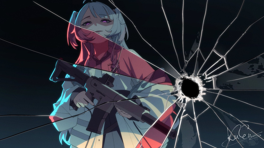 1girl, ahoge, airsoft, assault_rifle, black_skirt, blue_hair, blue_necktie, breast_pocket