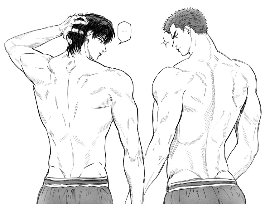 2boys, earrings, from_behind, greyscale, highres, jewelry, looking_at_another, male_focus, monochrome, multiple_boys, pyogopyogoyum, rukawa_kaede, sakuragi_hanamichi, shorts, slam_dunk_(series), sparkle, stud_earrings, toned, toned_male, upper_body