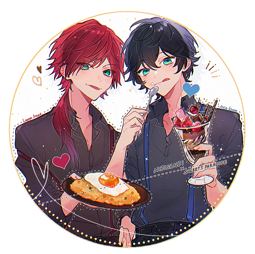 2boys, :p, :q, axia_krone, black_hair, blue_eyes, character_name, cherry