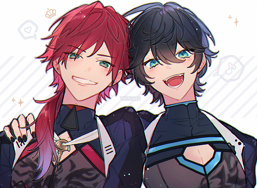 2boys, :d, arm_around_shoulder, axia_krone, axia_krone_(1st_costume), black_coat, black_hair, black_nails
