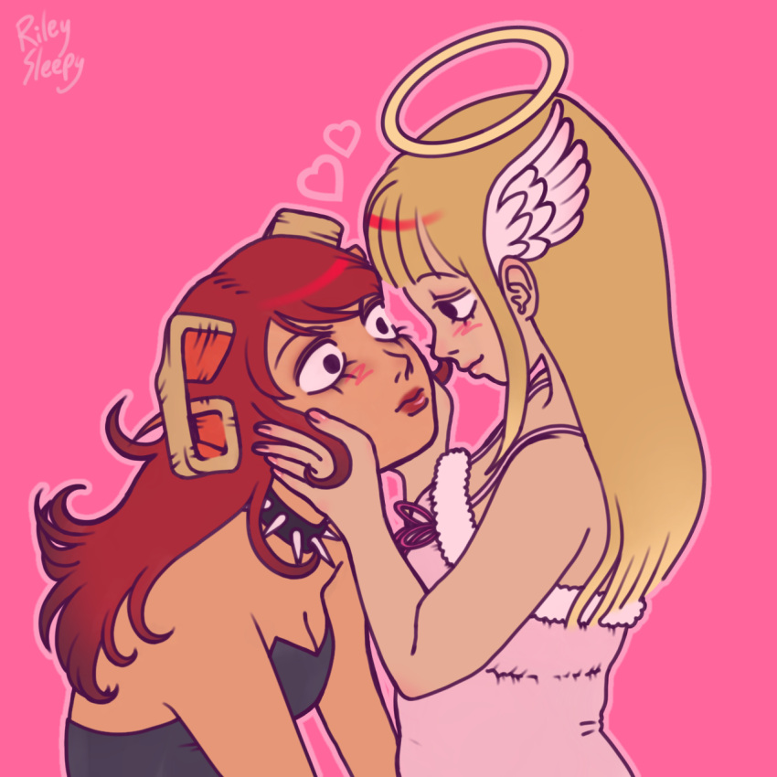 2girls, angel, angel_(devilish_hairdresser), angel_and_devil, blonde_hair, demon_girl, demon_horns, devil_(devilish_hairdresser)