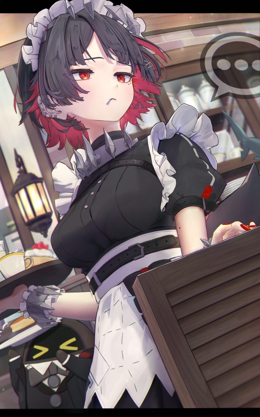 1girl, absurdres, bangboo_(zenless_zone_zero), belt, black_belt, black_dress, black_hair, breasts, butler_(zenless_zone_zero), chest_harness, collar, colored_inner_hair, cup, dress, ellen_joe, fingernails, fins, fish_tail, frilled_wrist_cuffs, frills, hairband, harness, highres, hinataaoi_(iraiuketsukechuu), holding, holding_tray, looking_to_the_side, maid, maid_headdress, medium_breasts, metal_collar, metal_hairband, metal_wrist_cuffs, mole, mole_on_arm, mole_under_eye, multicolored_hair, nail_polish, puffy_short_sleeves, puffy_sleeves, red_eyes, red_nails, redhead, scar, scar_on_tail, shark_girl, shark_tail, short_hair, short_sleeves, solo, tail, teacup, tray, unconventional_maid, wrist_cuffs, zenless_zone_zero