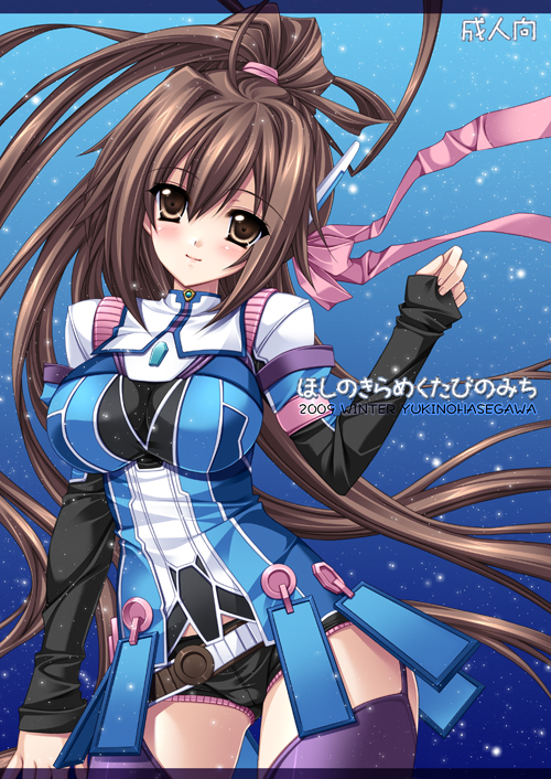 bow, breasts, brown_eyes, brown_hair, hasegawa_yukino, impossible_clothes, impossible_clothing, impossible_shirt