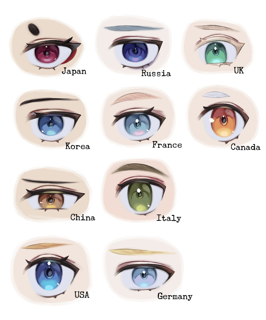 6+girls, blue_eyes, brown_eyes, canada, china, china_(kuroussa), colored_eyelashes, english_text