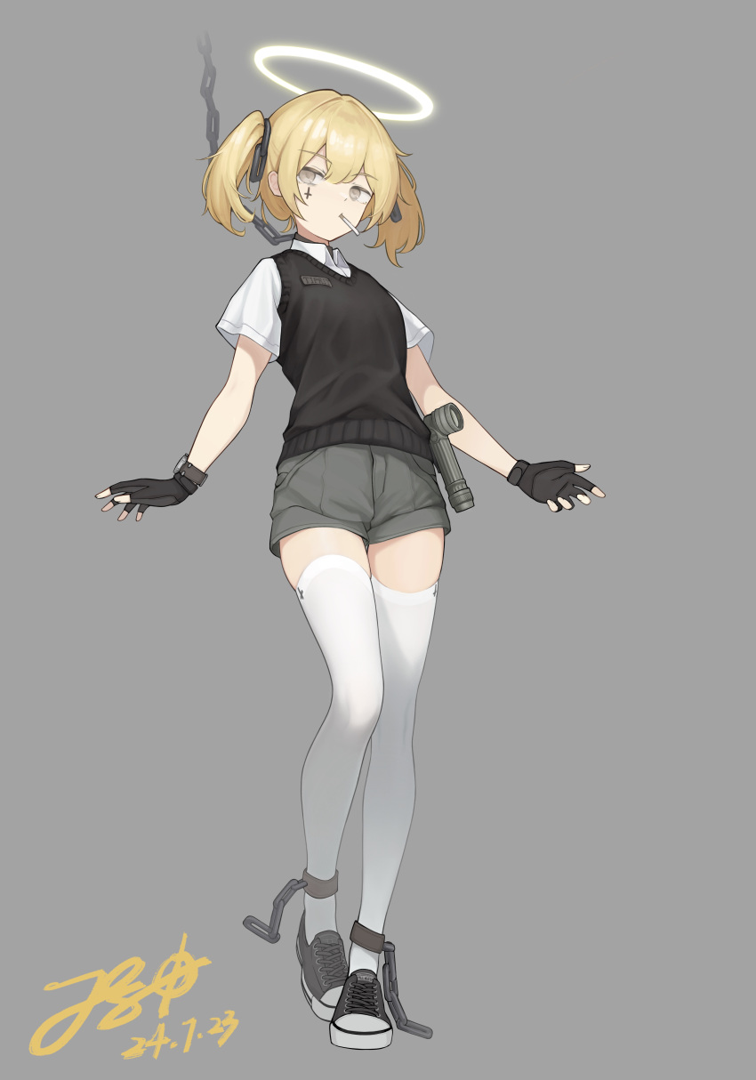 1girl, absurdres, black_footwear, black_gloves, black_sweater_vest, blonde_hair, brown_eyes, chain, chain_leash, cigarette, collar, converse, cross, cuffs, dated, english_commentary, facial_tattoo, fingerless_gloves, flashlight, gloves, grey_background, grey_shorts, halo, highres, inverted_cross, jerry_wang, leash, name_tag, original, shackles, shirt, shoes, short_hair, short_shorts, shorts, signature, simple_background, skindentation, smoking, sneakers, solo, standing, sweater_vest, tattoo, thigh-highs, twintails, watch, watch, white_collar, white_shirt, white_thighhighs, yellow_halo, zettai_ryouiki