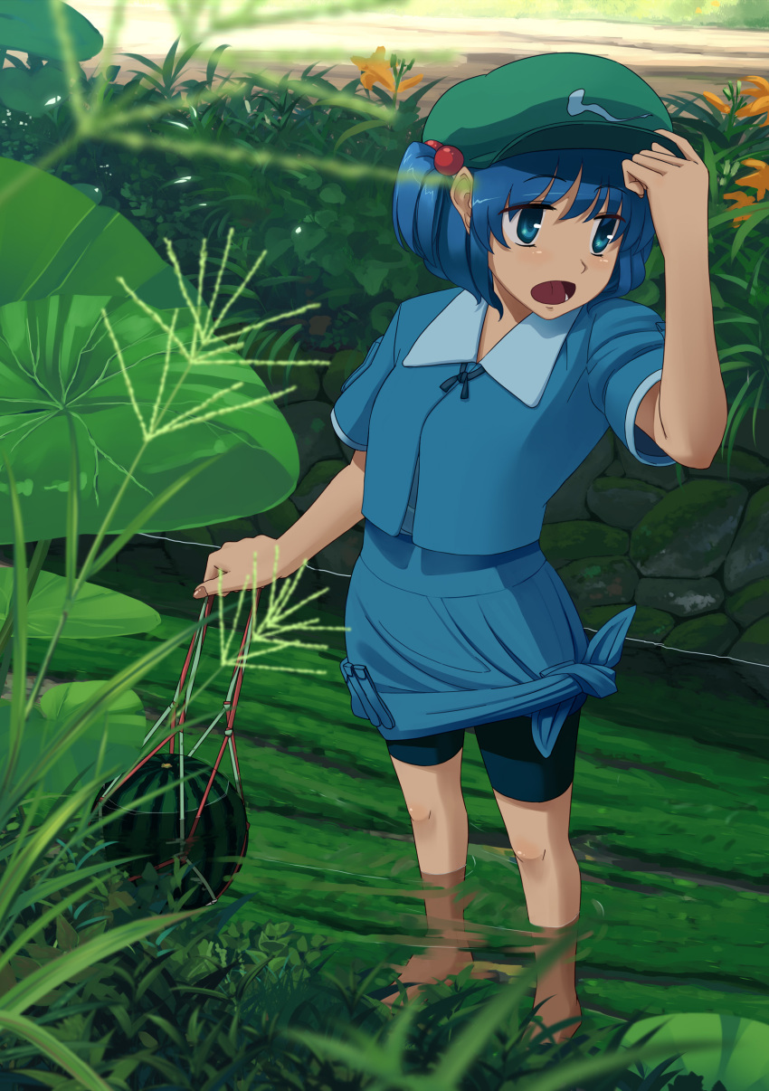 absurdres, barefoot, bike_shorts, blue_eyes, blue_hair, face, food, fruit