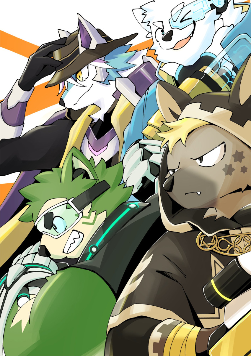 4boys, animal_ear_hood, animal_ears, blonde_hair, blue_fur, brown_cloak, brown_fur, claws
