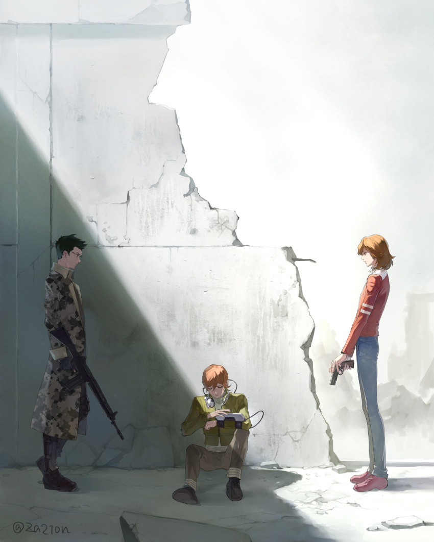 3boys, absurdres, against_wall, armored_boots, artist_request, assault_rifle, black_footwear, black_gloves