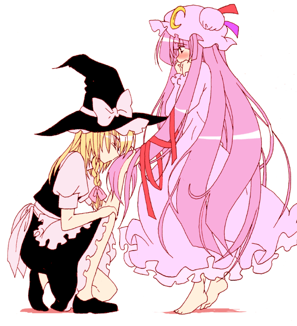 barefoot, blonde_hair, blush, embarrassed, hair_grab, hair_kiss, hair_ribbon, hair_sniffing, hand_in_hair, hat, kirisame_marisa, kiss, kissing_hair, long_hair, multiple_girls, one_knee, patchouli_knowledge, profile, purple_hair, ribbon, simple_background, smelling, sniffing, tiptoes, touhou, very_long_hair, yanagida_shita, yuri