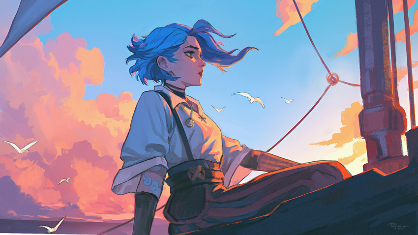 1girl, arcane:_league_of_legends, arm_support, art_of_papayou, bird, blue_hair, boat, character_request