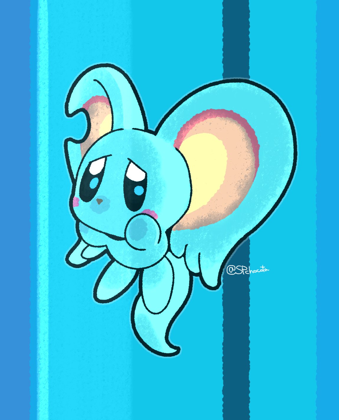 animal_ears, blue_fur, blue_theme, chocota_(spchocota), elfilin, highres, kirby_(series), kirby_and_the_forgotten_land, mouse_ears, no_humans, notched_ear, sad, solo, tail, twitter_username
