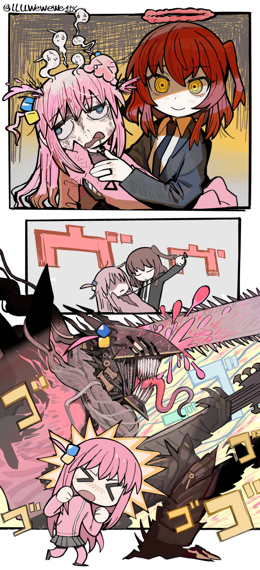 >_<, 2girls, ^^^, absurdres, black_jacket, black_necktie, blazer, blood, blood_splatter, blue_eyes, blush, bocchi_the_rock!, border, brown_footwear, chainsaw_man, character_request, chibi, clenched_hands, closed_eyes, closed_mouth, cloud_halo, collared_jacket, collared_shirt, cosplay, crossover, cube_hair_ornament, defeat, dirty, dirty_face, dot_nose, frown, ghost, gotoh_hitori, gotoh_hitori_(octopus), grey_skirt, hair_ornament, halo, hand_on_another's_chest, highres, jacket, jewelry, kita_ikuyo, lap_pillow, lapels, llllwewewe, long_hair, long_sleeves, makima_(chainsaw_man), makima_(chainsaw_man)_(cosplay), medium_hair, miniskirt, monster, multiple_girls, multiple_views, necktie, notched_lapels, one_side_up, open_clothes, open_jacket, open_mouth, outside_border, pants, pants_under_skirt, pink_hair, pink_jacket, pink_pants, pleated_skirt, pulling, red_halo, redhead, ring, shirt, shoes, skirt, smile, sound_effects, track_jacket, twitter_username, very_long_hair, wavy_mouth, white_border, white_shirt, yellow_eyes, zipper