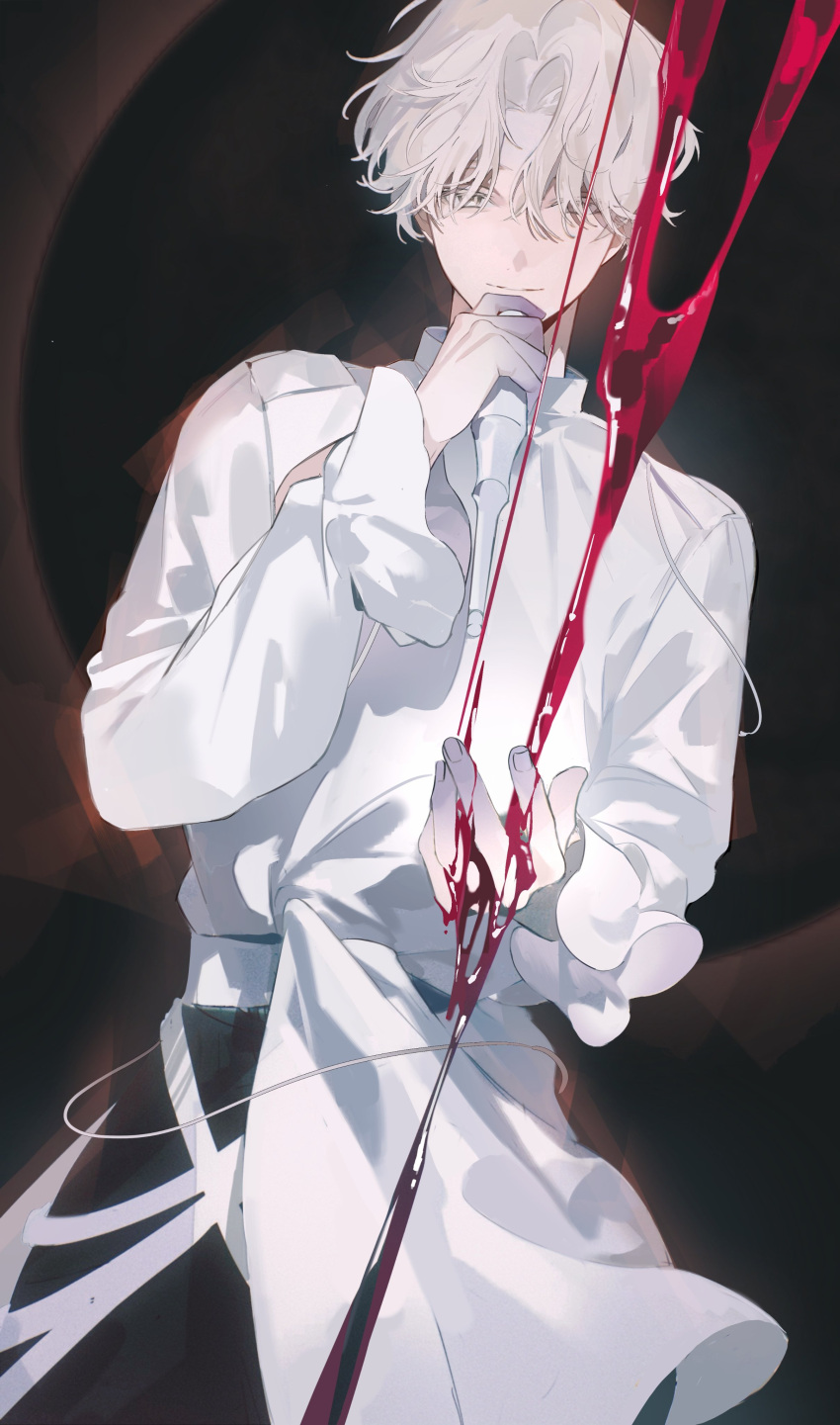 1boy, absurdres, alien_stage, ameinu, black_pants, blonde_hair, blood, blood_on_hands, closed_mouth, colored_extremities, colored_eyelashes, commentary, eclipse, english_commentary, frilled_sleeves, frills, highres, holding, holding_microphone, looking_at_viewer, luka_(alien_stage), male_focus, microphone, pants, shirt, short_hair, smile, solar_eclipse, solo, very_short_hair, white_shirt, yellow_eyes