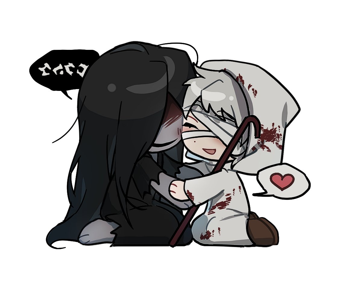 bandaged_head, bandages, black_hair, black_kimono, blood, blood_on_face, chibi, closed_eyes