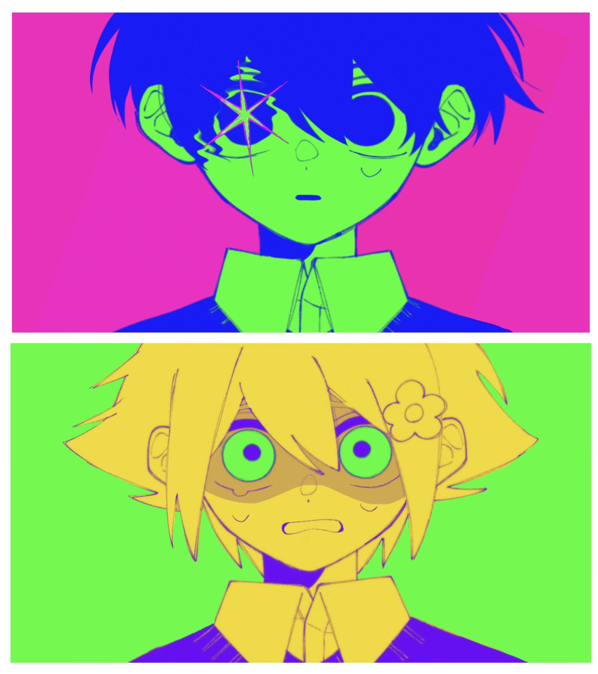 2boys, basil_(faraway)_(omori), basil_(omori), collared_shirt, crying, crying_with_eyes_open, flower, hair_flower, hair_ornament, highres, looking_at_viewer, multiple_boys, omori, outinokaden, parted_lips, shirt, short_hair, sunny_(omori), sweater_vest, tears