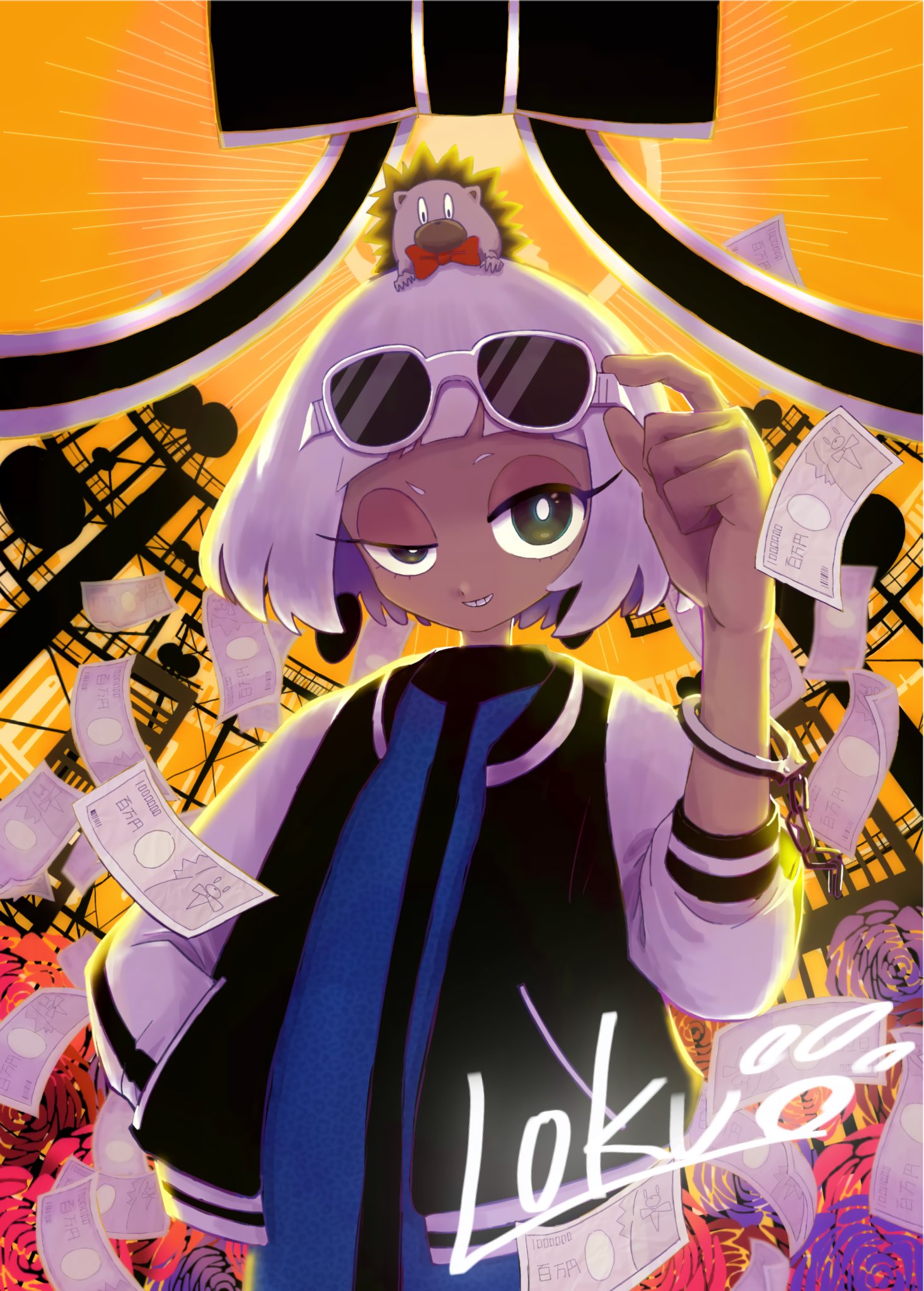 1girl, adjusting_eyewear, animal_on_head, artist_name, blue_dress, bow, bowtie, colored_inner_hair