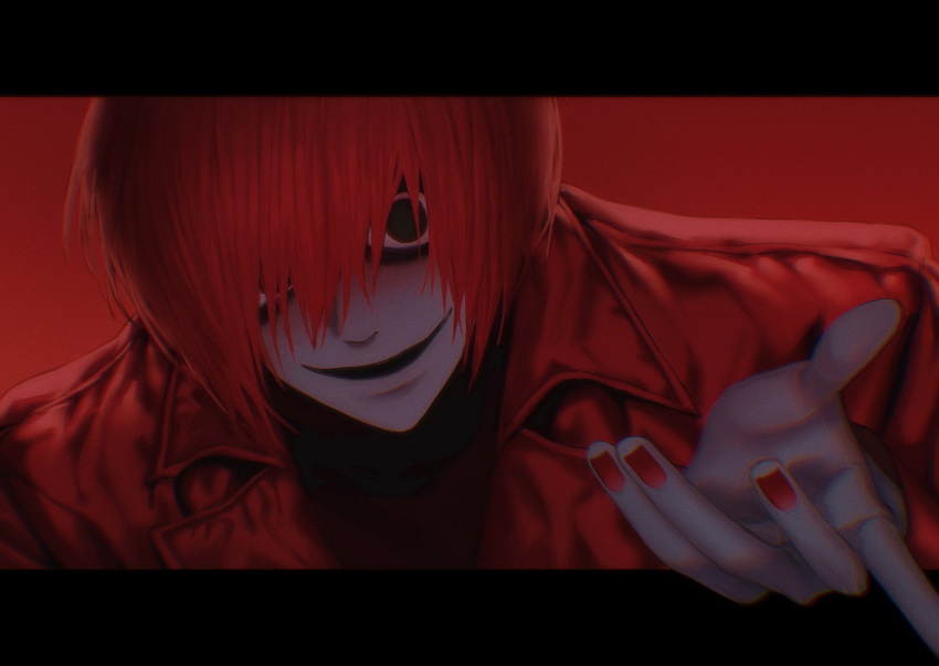 1boy, coat, hair_over_one_eye, highres, homicipher, letterboxed, looking_at_viewer, male_focus