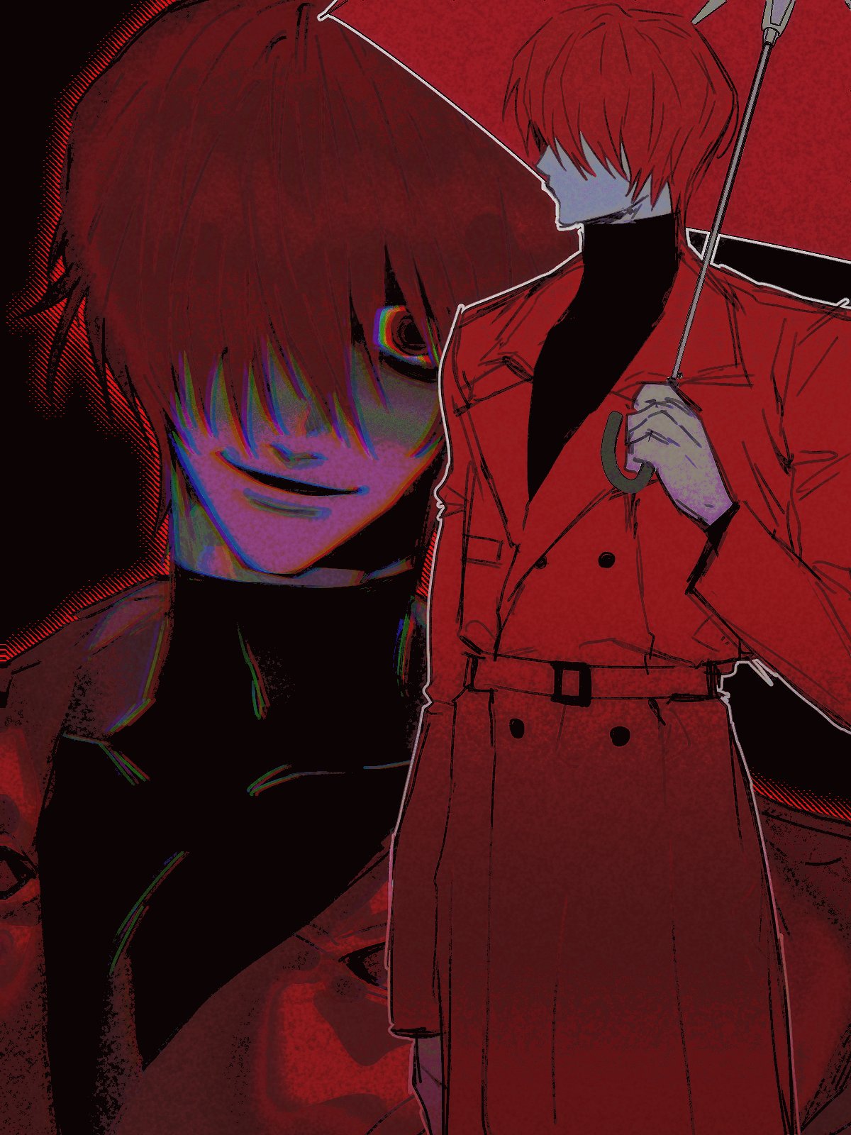 1boy, black_background, coat, hair_over_one_eye, highres, holding, holding_umbrella, homicipher