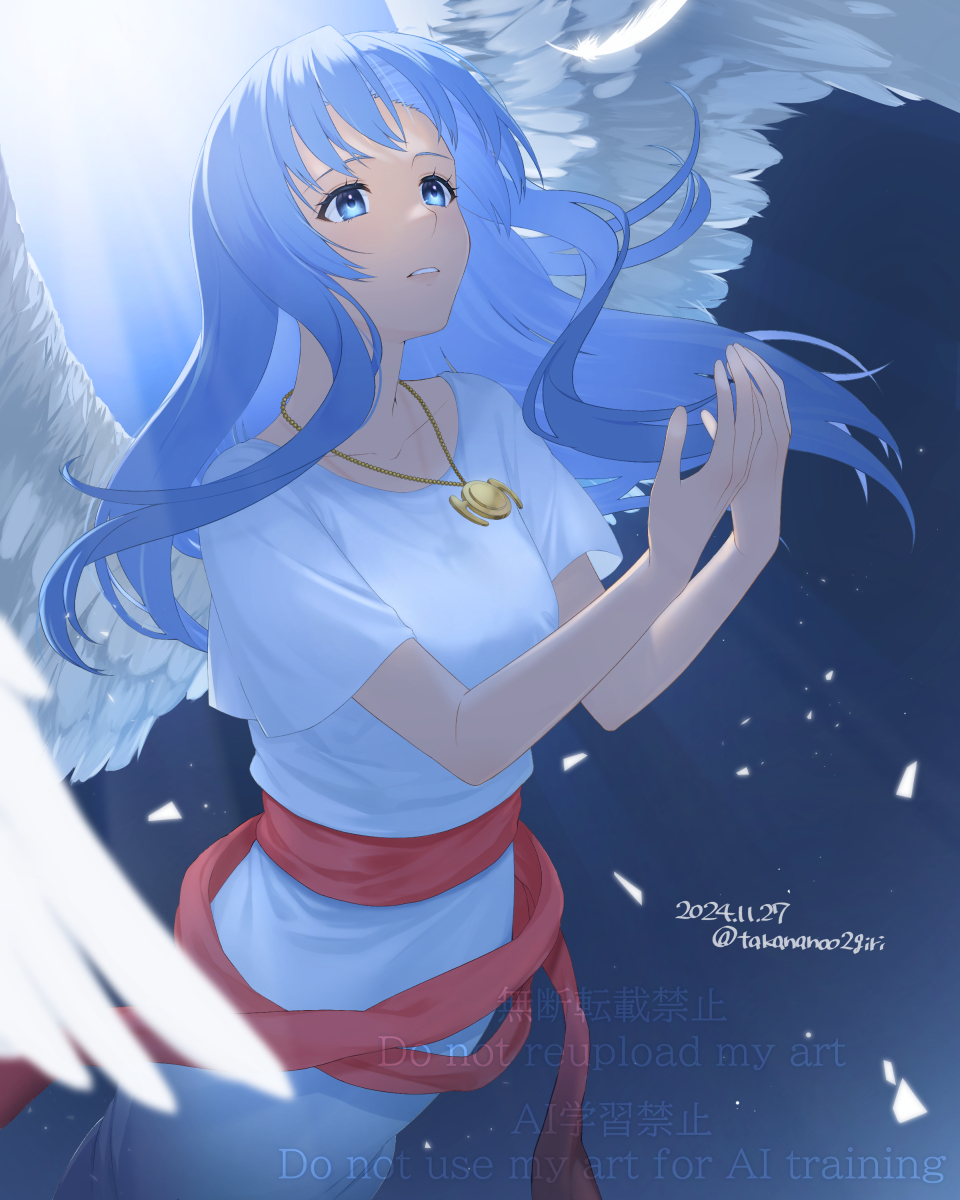 1girl, ancient_ys_vanished, angel_wings, arms_up, artist_name, blue_eyes, blue_hair, commentary_request