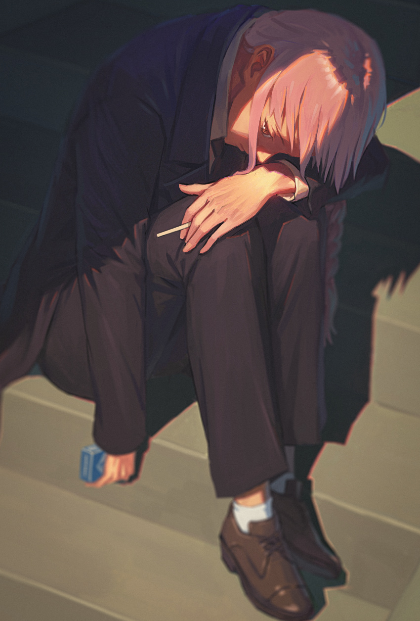 1girl, black_jacket, black_pants, blurry, brown_footwear, chainsaw_man, cigarette, cigarette_pack