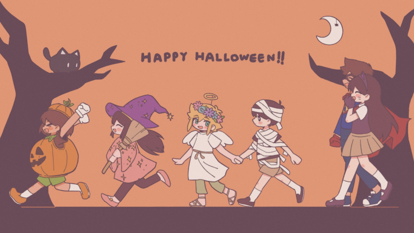 >_<, 2girls, 4boys, :d, angel_wings, arms_up, aubrey_(faraway)_(omori), aubrey_(omori), basil_(faraway)_(omori), basil_(omori), black_eyes, black_hair, blonde_hair, blue_eyes, blush, bright_pupils, broom, brown_hair, brown_skirt, cape, cat, closed_eyes, dark-skinned_male, dark_skin, fake_halo, fake_wings, gloves, green_shorts, halloween, halloween_costume, halo, happy_halloween, hat, head_wreath, hero_(faraway)_(omori), hero_(omori), highres, holding, holding_broom, holding_hands, kel_(faraway)_(omori), kel_(omori), long_hair, long_sleeves, looking_at_another, mari_(faraway)_(omori), mari_(omori), mewo, mewowem_omo, multiple_boys, multiple_girls, omori, open_mouth, orange_footwear, pink_footwear, purple_hat, red_cape, shoes, shorts, skirt, smile, sneakers, socks, sunny_(omori), tree, white_gloves, white_pupils, white_socks, wings, witch_hat, xd
