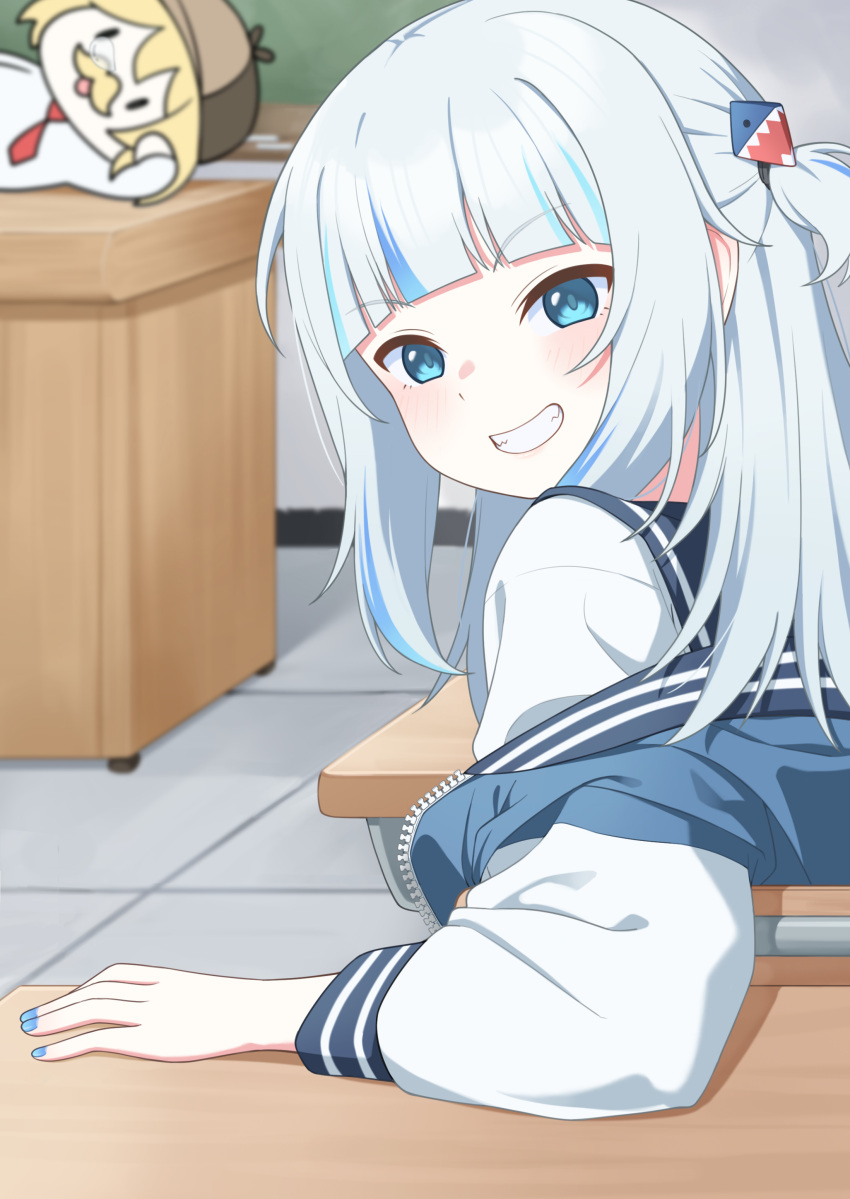 2girls, absurdres, blonde_hair, blue_eyes, blue_hair, blue_jacket, blue_nails, blue_sailor_collar, chibi, classroom, desk, gawr_gura, grey_hair, hair_ornament, highres, hololive, hololive_english, jacket, long_hair, long_sleeves, looking_at_viewer, multicolored_hair, multiple_girls, nail_polish, necktie, one_side_up, raglan_sleeves, red_necktie, sailor_collar, school_desk, shark_hair_ornament, shirt, sitting, smol_ame, streaked_hair, ugaaaa1, virtual_youtuber, watson_amelia, white_shirt, white_sleeves