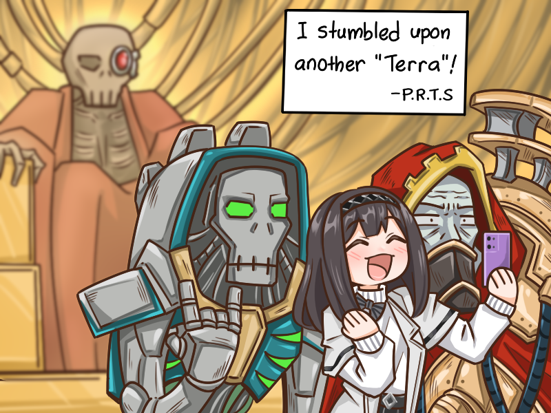 :d, \n/, ^_^, arknights, belisarius_cawl, black_hair, blush, bow, brown_robe, cellphone, character_request, closed_eyes, commentary, english_commentary, english_text, green_eyes, grey_bow, grey_jacket, guin_guin, holding, holding_phone, jacket, open_clothes, open_jacket, phone, priestess_(arknights), robe, selfie, shirt, sitting, smile, striped_bow, turtleneck, warhammer_40k, white_shirt