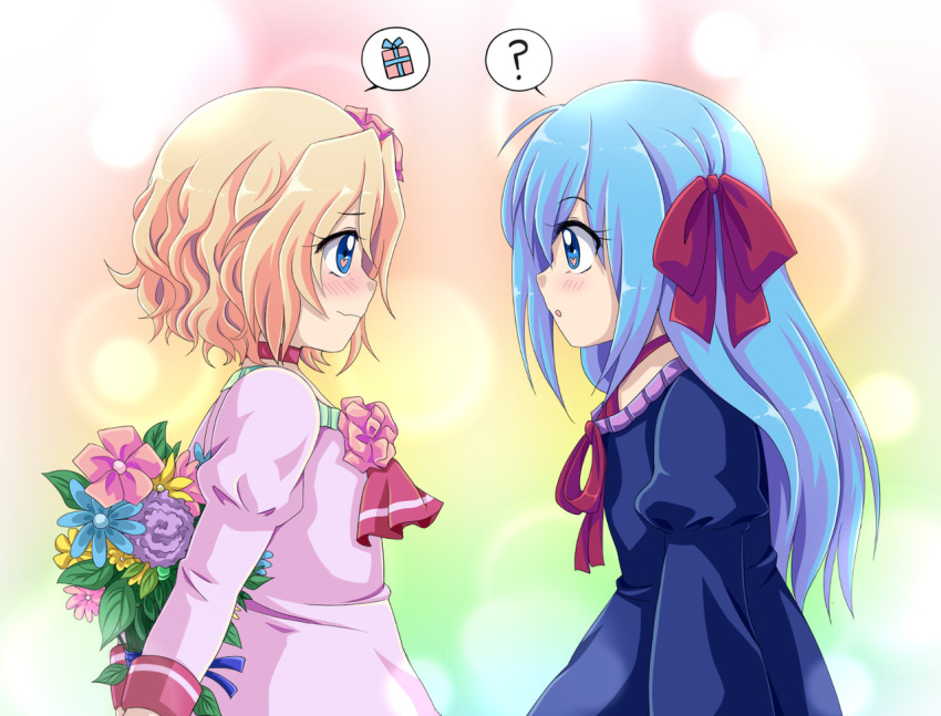1boy, 1girl, ?, aged_down, ascot, blonde_hair, blue_dress, blue_eyes