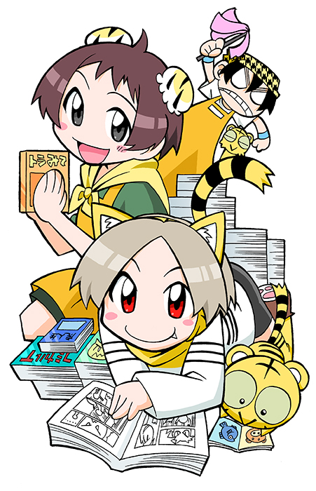 3girls, :>, angry, animal_ear_fluff, animal_ear_hood, animal_ears, animal_print, apron