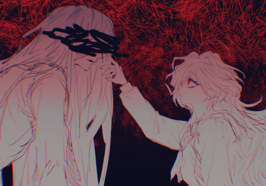 1boy, 1girl, black_background, blood, blood_on_face, censored, censored_identity, commentary_request