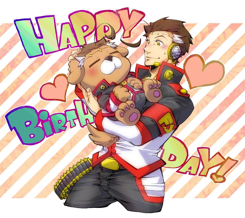 1boy, amano_nonki, ammunition_belt, belt, big_al, black_jacket, black_pants, blush, brown_belt, brown_hair, happy_birthday, headphones, heart, jacket, male_focus, multicolored_clothes, multicolored_hair, multicolored_jacket, pants, short_hair, small_sweatdrop, smile, solo, stitches, stuffed_animal, stuffed_dog, stuffed_toy, vocaloid, white_hair, white_jacket, yellow_eyes