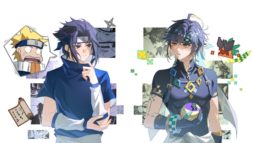 1other, 3boys, absurdres, ajaw_(genshin_impact), aqua_ribbon, arm_tattoo, ball, black_eyes