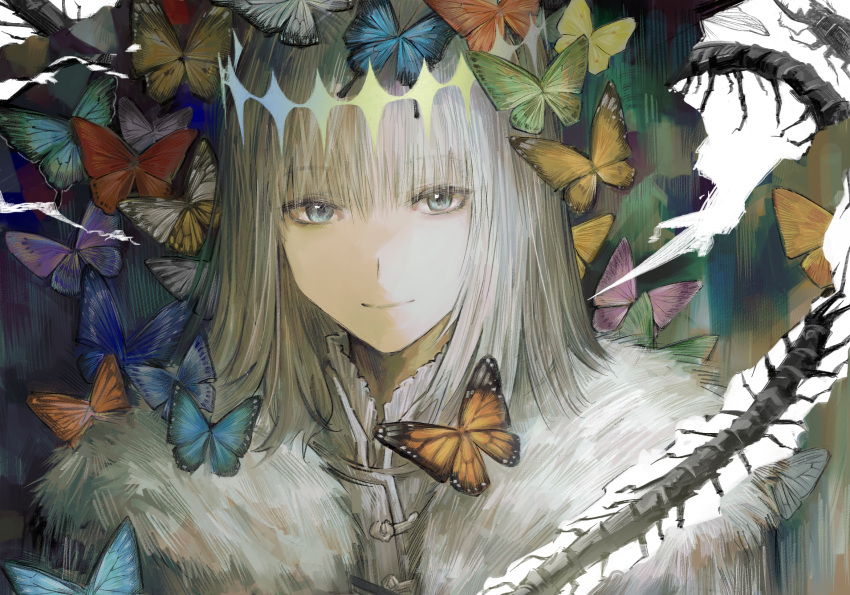1boy, blue_butterfly, blue_eyes, bug, butterfly, cape, centipede, diamond_hairband