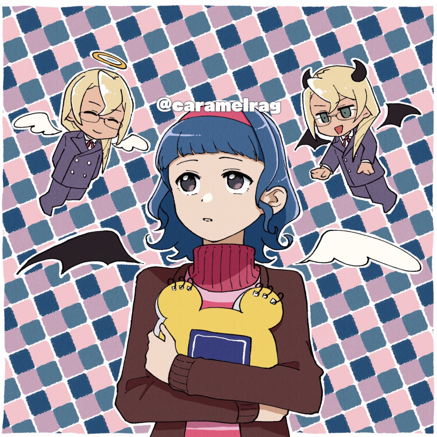 1girl, 2boys, ace_attorney, aged_down, angel_and_devil, angel_beats!, apollo_justice:_ace_attorney, blonde_hair